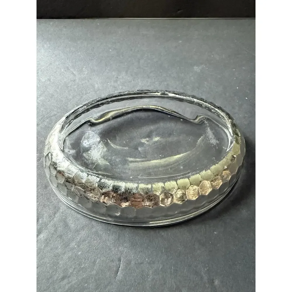 Glass Oval Soap Trinket Dish Silver Foil Trim Clear Minimalist